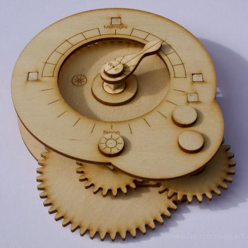 A wooden machine with gears.